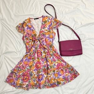 Pretty Garden Floral Multicolor Tie Front Ruffle Hem Mini Dress